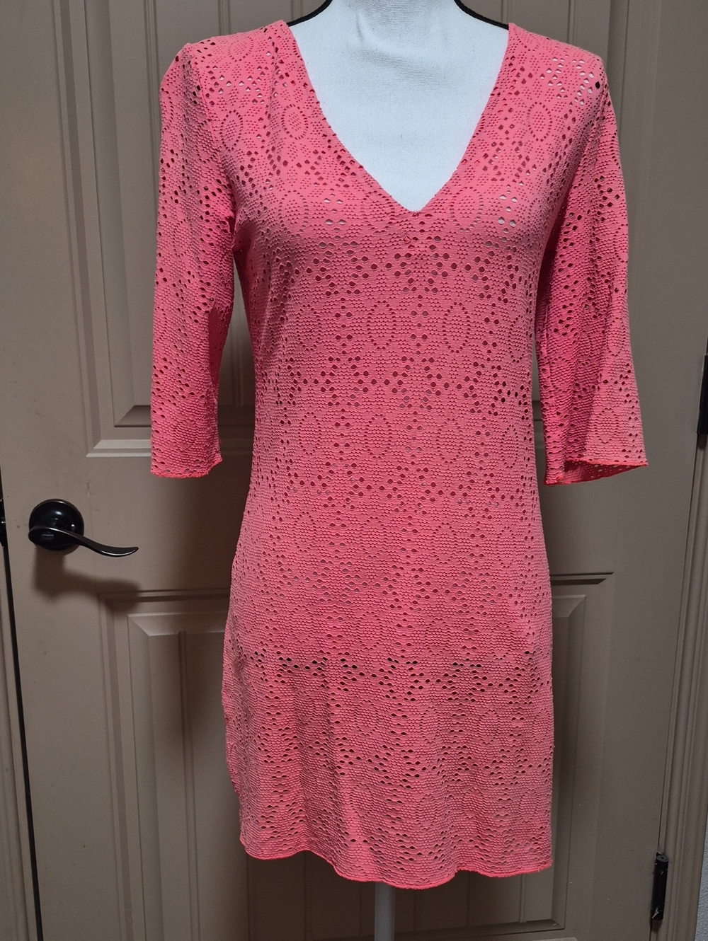 S Coral Pink Swim Coverup Dress V-Neck